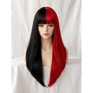 Black Red Split Wig 60cm Long Straight Bangs Halloween Cosplay + Wig Cap New